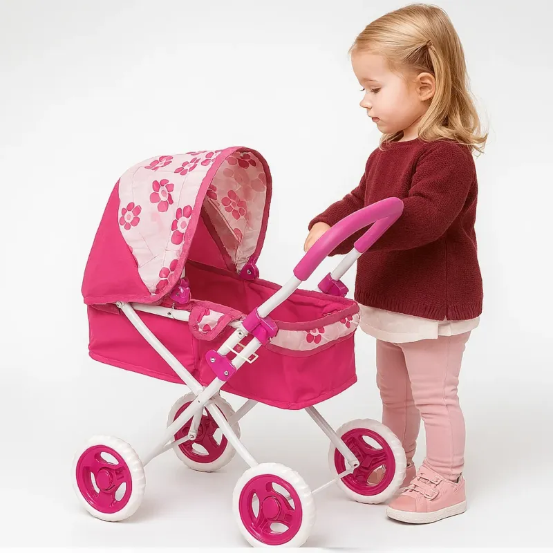 Reso Gratuito Passeggino Carrozzina per Bambole a 4 Ruote Rosa Gioco Giocattolo per Bambine