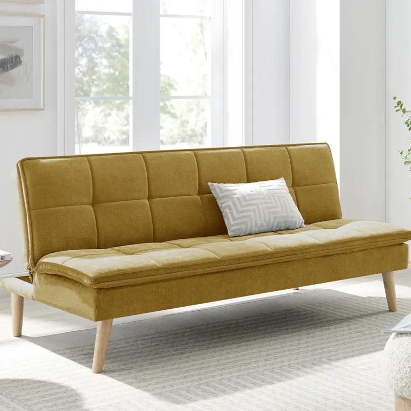 Offerta Del Giorno Divano Letto Reclinabile 3 Posti Ergonomico in Tessuto Mostarda con Gambe Legno