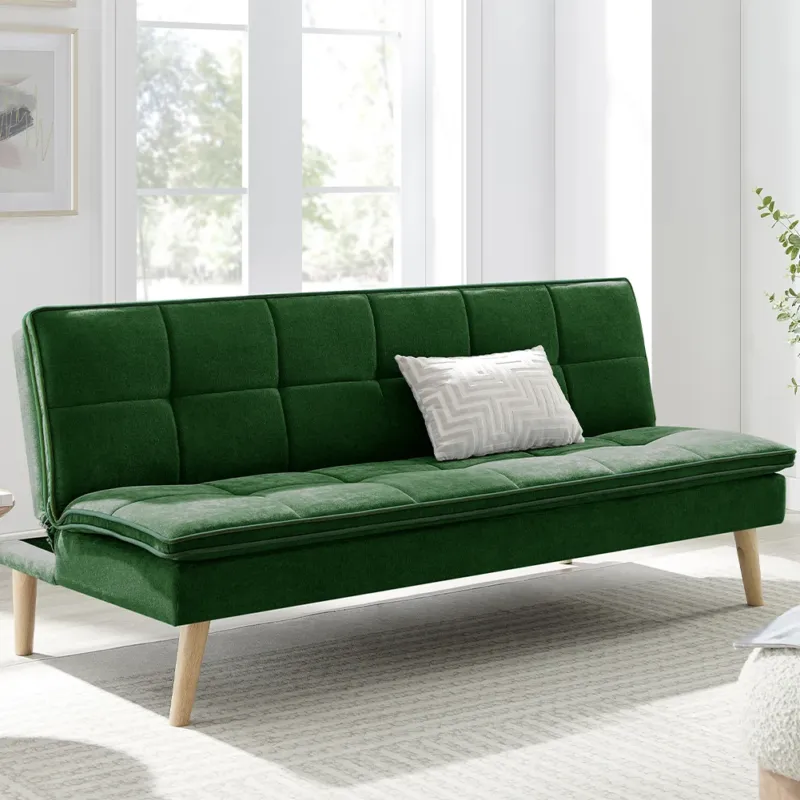 Divano Letto Reclinabile 3 Posti Ergonomico in Tessuto Verde con Gambe in Legno Miglior Prezzo