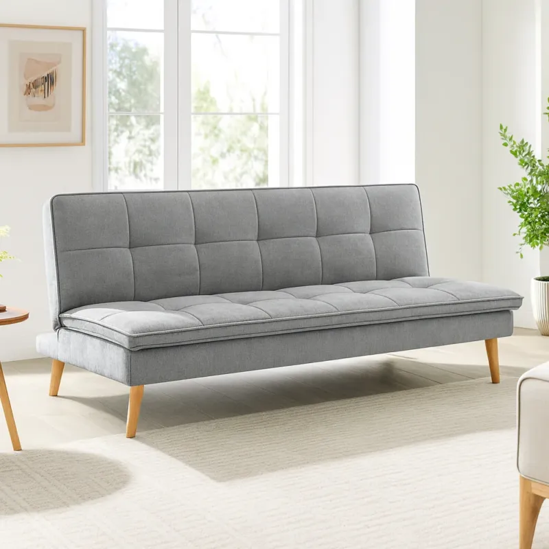 Reso Gratuito Divano Letto Reclinabile 3 Posti Ergonomico in Tessuto Grigio con Gambe in Legno