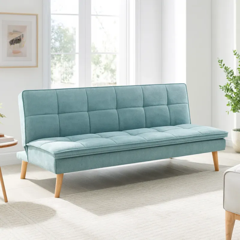 Più Venduto Divano Letto Reclinabile 3 Posti Ergonomico in Tessuto Celeste con Gambe Legno