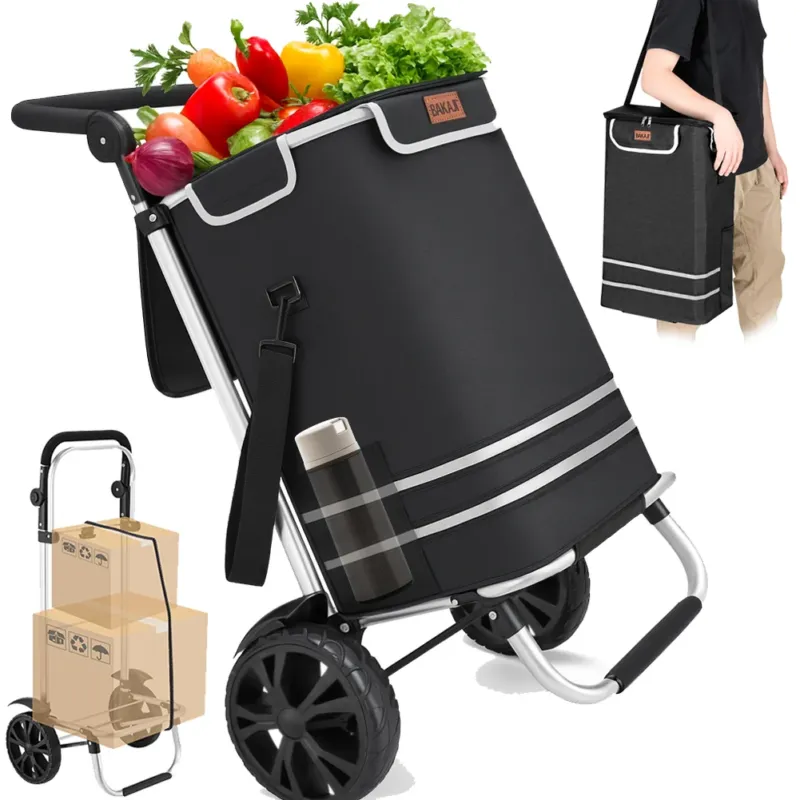 Carrello Spesa Pieghevole 56L Nero Borsa Termica Trolley Portaspesa con Tracolla Ultime Pezzi