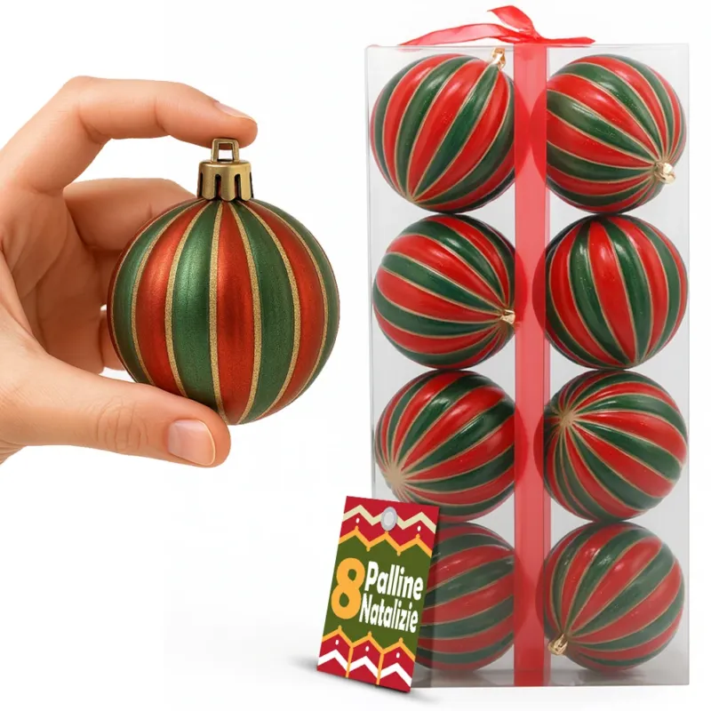 Box 8 Palline di Natale per Albero Sfere Natalizie Addobbo Rosso e Verde da 10cm Popolare