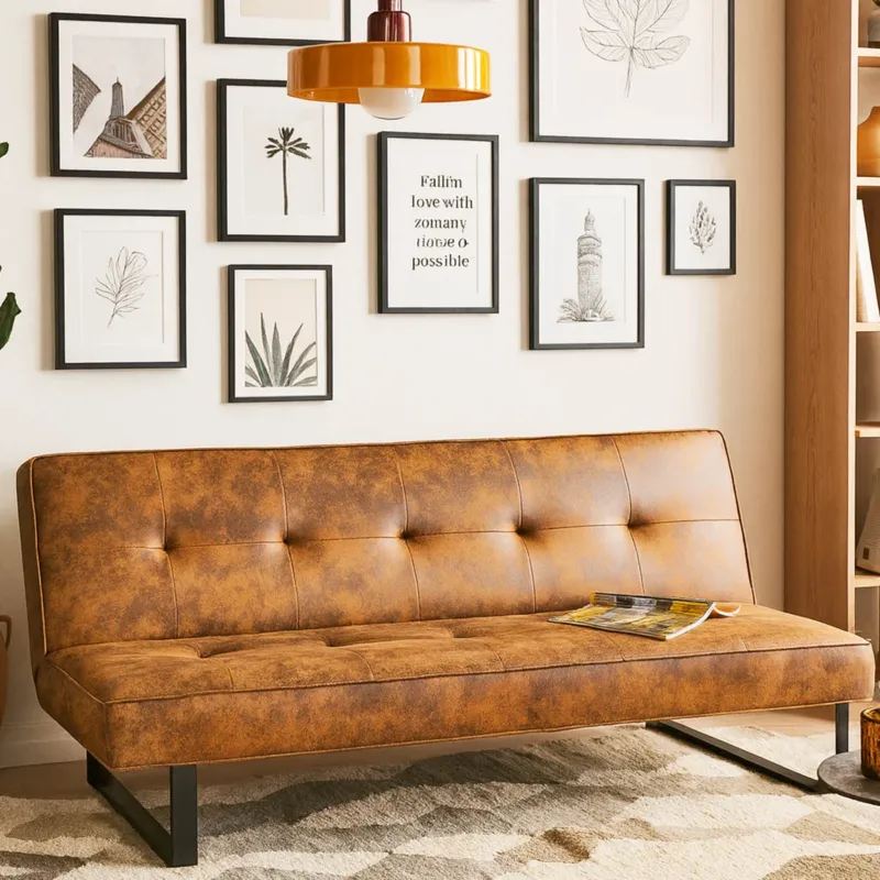 Bestseller Divano letto 3 posti click clack modello Derby Pelle sintetica Marrone dorato