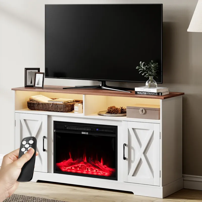 A Buon Prezzo Mobile TV Bianco e Legno Camino Elettrico Effetto Fiamma 3D Telecomando Luci RGB