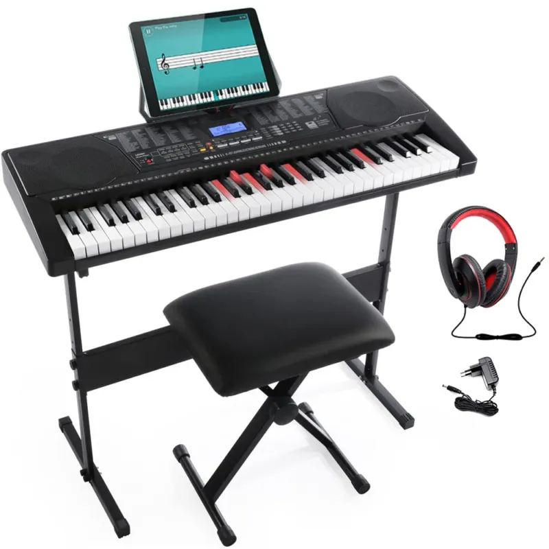 Tastiera Musicale Pianola Elettronica 61 Tasti Luminosi con Supporto e Sgabello Novità