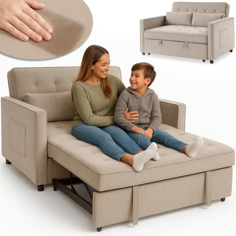 Divano Letto Due Posti in Velluto Premium con Imbottitura Alta Densità Beige Occasione