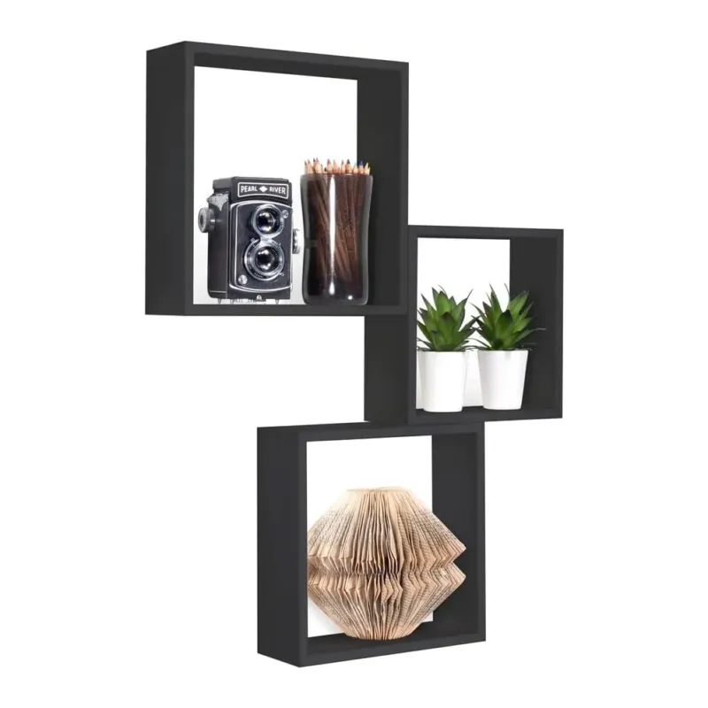 Economico Kit 3 Mensole Cubo da Parete in Legno 30x30 27x27 24x24 cm colore Nero