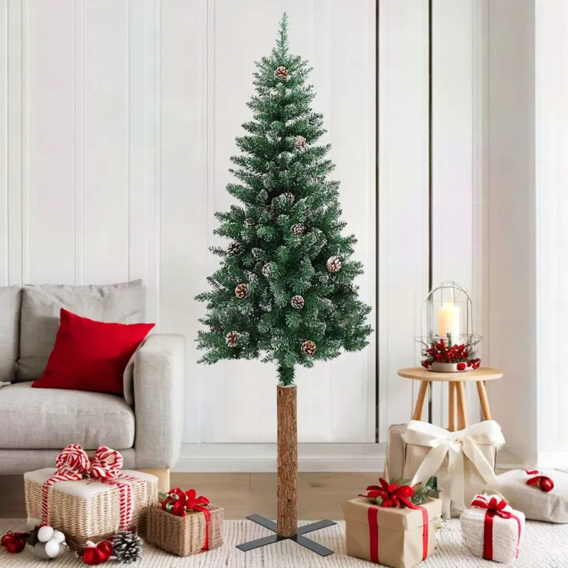 Albero di Natale Sottile con Legno Vero e Neve Verde 180 cm Must-Have