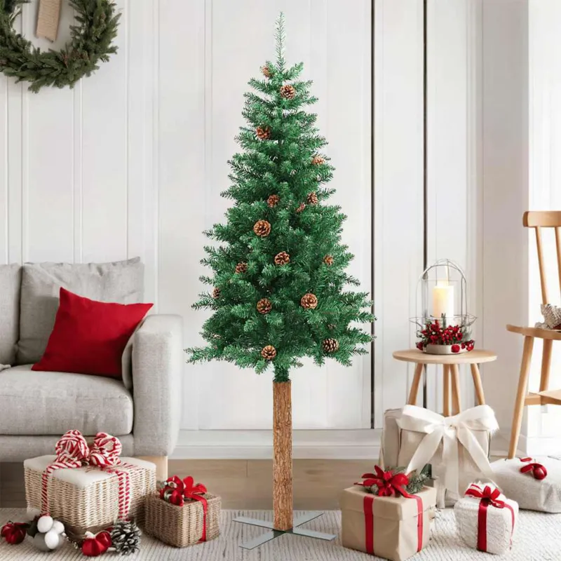 Albero di Natale Sottile 150 cm Verde in PVC con Legno Vero e Pigne Naturali Miglior Prezzo