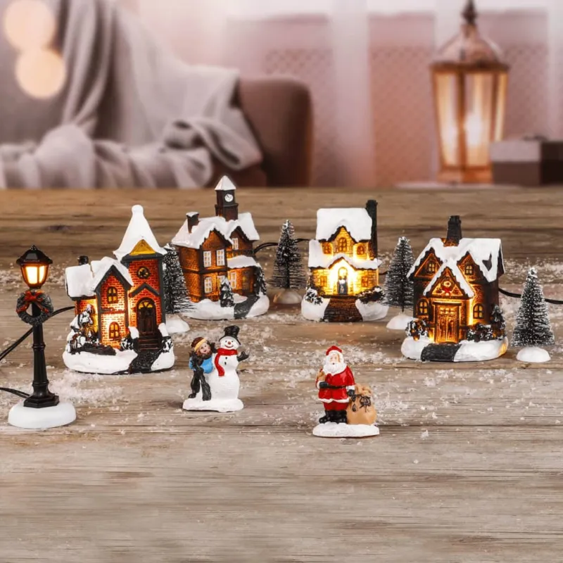 Subito Disponibile Scena Villaggio Natalizio con Casette e Figure LED Multicolore Interno