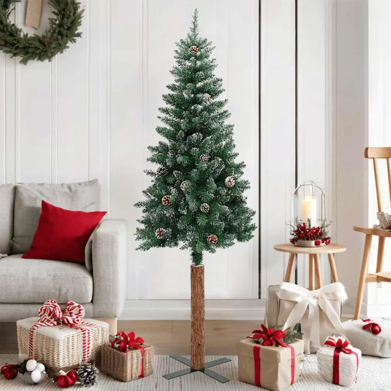 Albero di Natale Sottile 150 cm Verde con Pigne, Neve e Base in Legno Vero Esclusivo