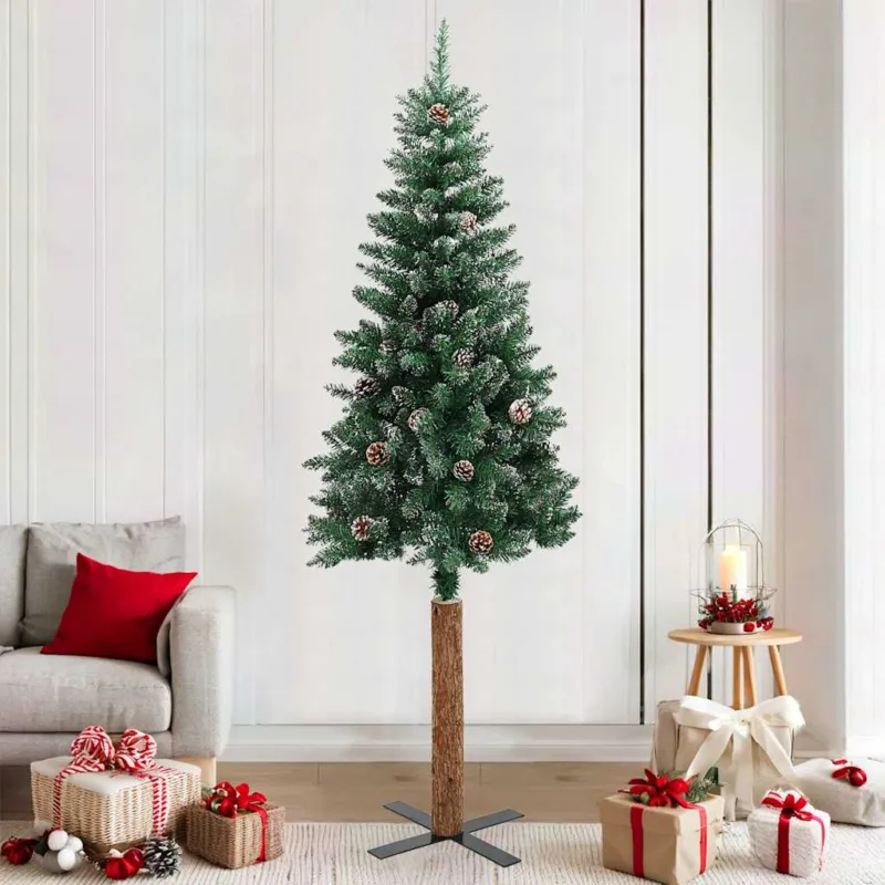 Albero di Natale Sottile 210 cm Verde con Pigne, Neve e Base in Legno Vero Esclusivo