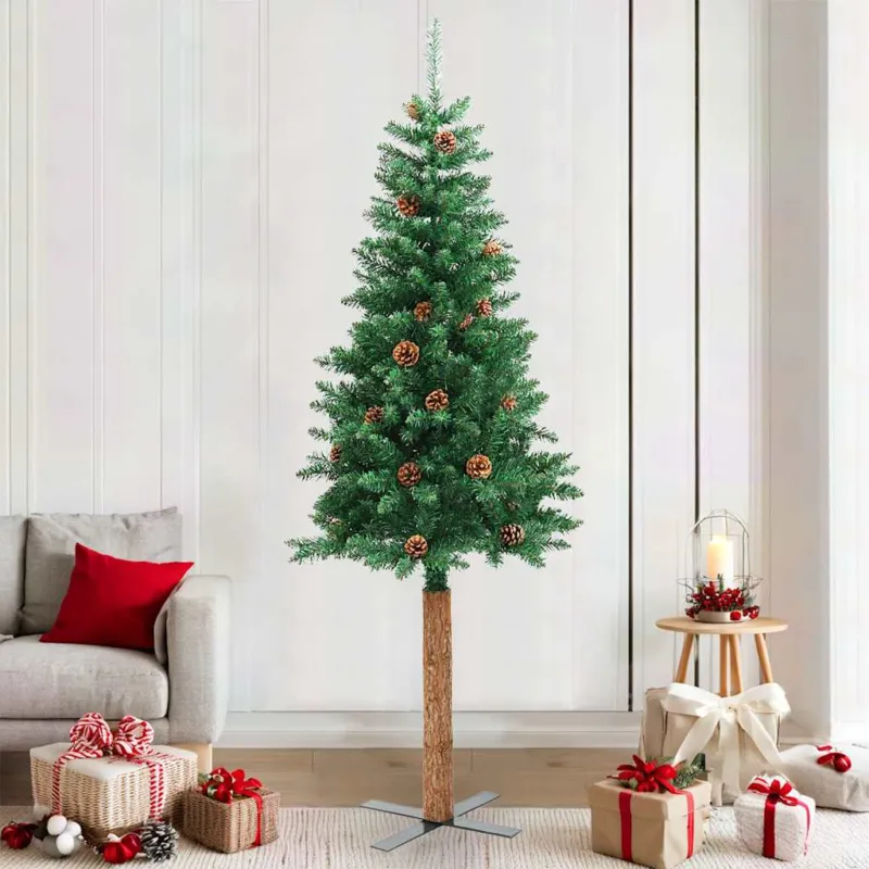 A Buon Prezzo Albero di Natale Sottile 210 cm Verde in PVC con Legno Vero e Pigne Naturali
