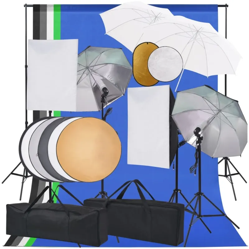 Compra Adesso Kit Completo Studio Fotografico con Luci Softbox Ombrelli Fondali e Riflettori