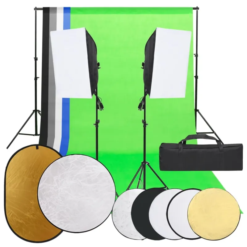 Popolare Kit Studio Fotografico con Luci Softbox Fondali Colorati e Riflettori Pieghevoli