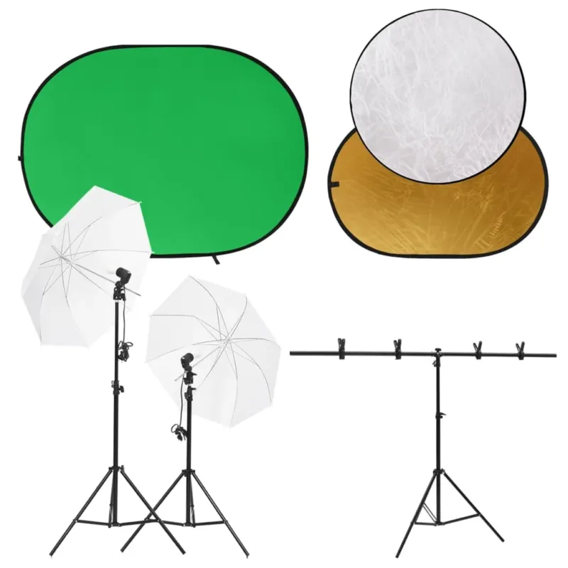 Quantità Limitata Kit Studio Fotografico con Luci Ombrello, Fondale Verde e Riflettore Oro/Argento