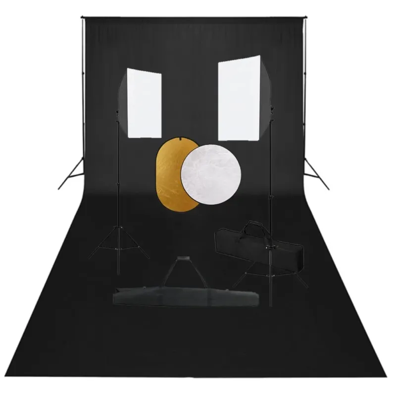 Kit per Studio Fotografico con Set Luci Softbox Fondale Nero e Riflettore 5 in 1 Affare