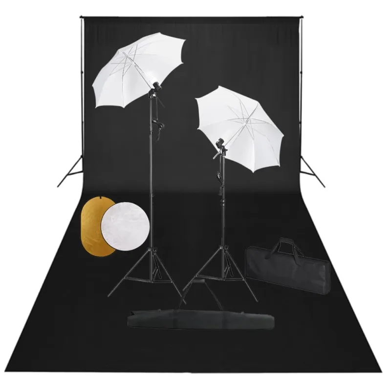 Scelto Dai Clienti Kit Studio Fotografico con Ombrelli, Fondale Nero e Riflettore Oro/Argento