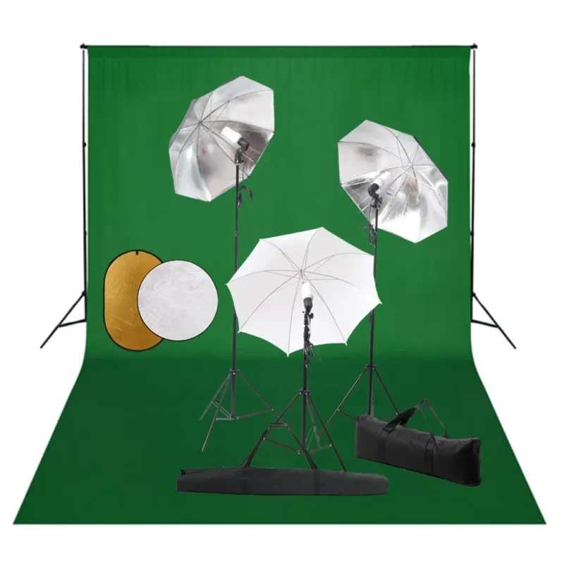 Vendita Finale Kit Studio Fotografico Professionale con Luci Ombrelli Fondale Verde Riflettore