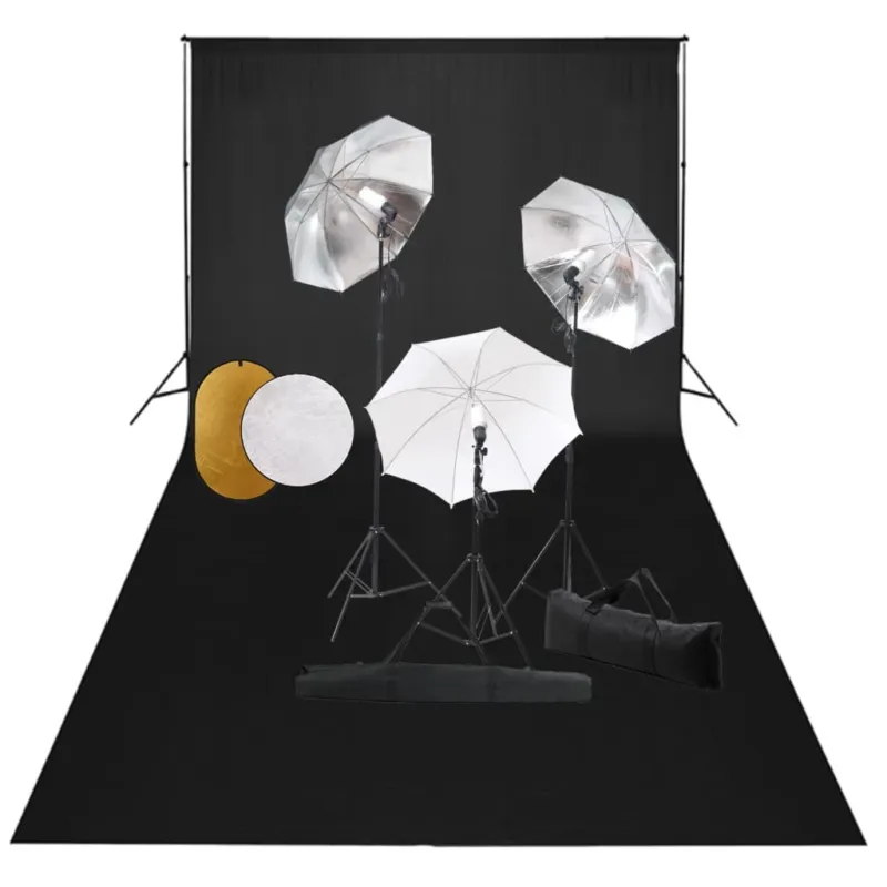 Spedito Oggi Kit Studio Fotografico Luci Ombrelli Argento Bianco Fondale Nero e Riflettore