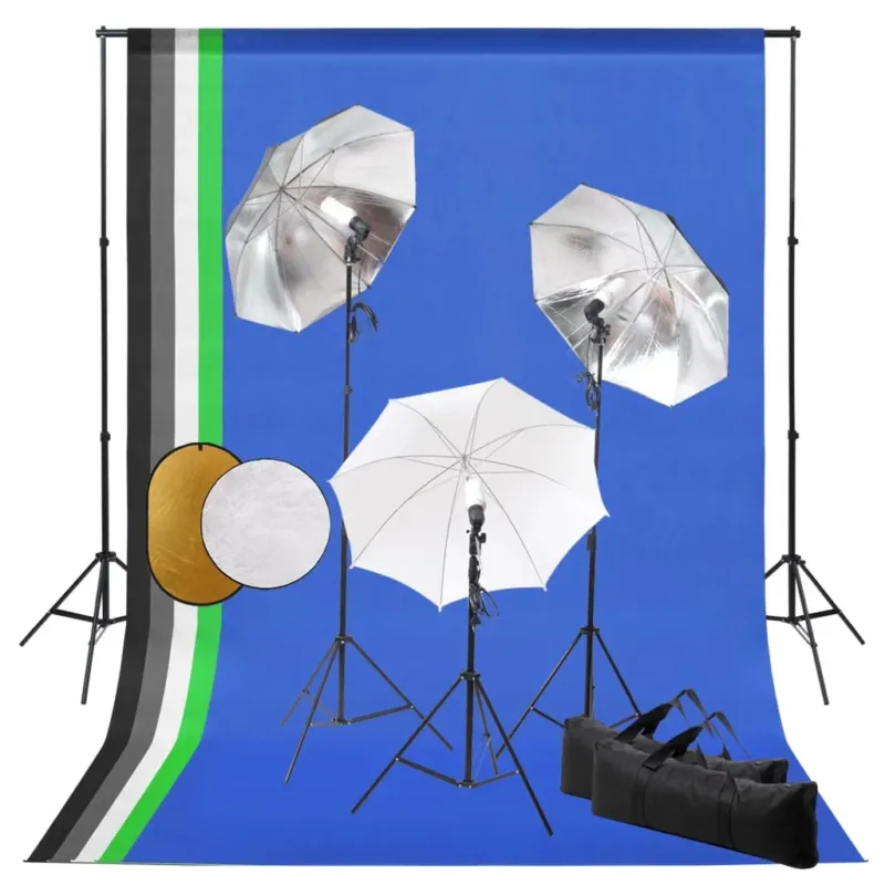 Kit Luci Ombrelli Professionale con Fondali Blu Verde Nero Bianco e Riflettore Prezzo Conveniente
