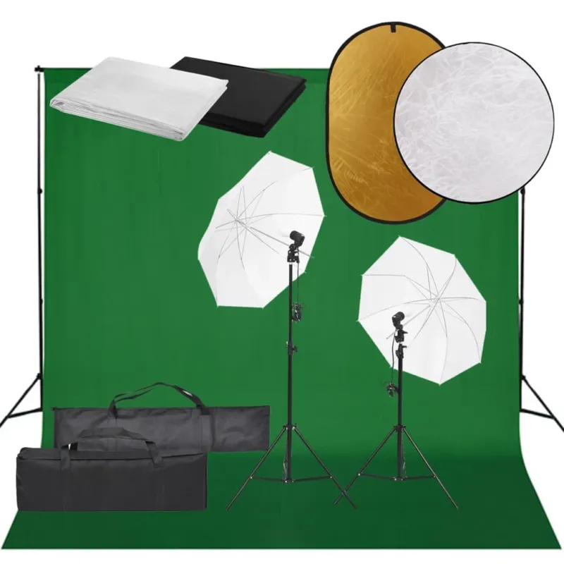 Kit Studio Fotografico con Set Luci Ombrelli Fondali Verde Bianco Nero e Riflettore Consegna Rapida