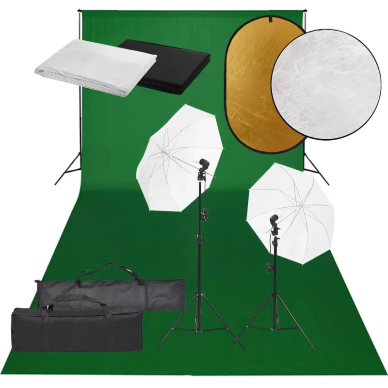 Kit Studio Fotografico con Set Luci Ombrelli Fondali Verde Bianco Nero e Riflettore Solo Oggi