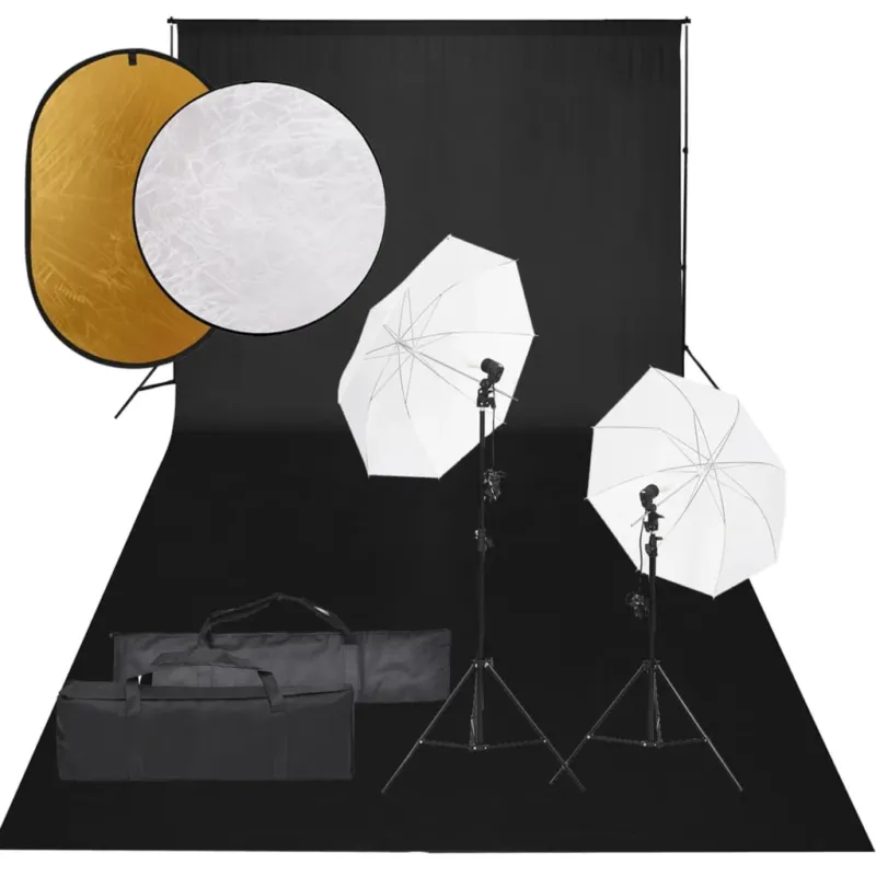 Nuovo Arrivo Kit Completo Studio Fotografico con Ombrelli Luci Fondale Nero e Riflettore
