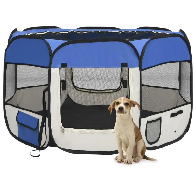 Box per Cani Gatti Pieghevole con Borsa Trasporto Blu 110x110x58 cm Offerta Limitata