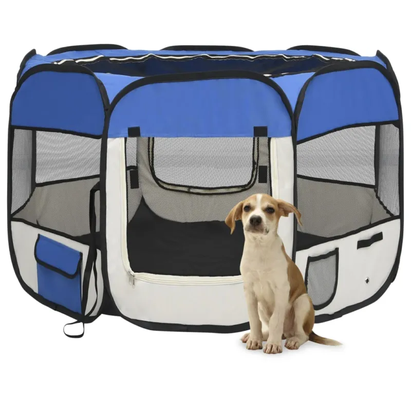 Box per Cani Gatti Pieghevole con Borsa Trasporto Blu 90x90x58 cm Più Venduto