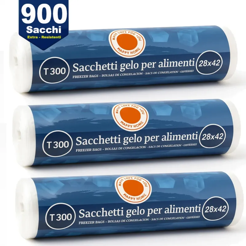 3 x Rotoli Sacchetti Freezer per Alimenti 900 sacchi Congelatore Frigo 28x42cm Nuova Collezione