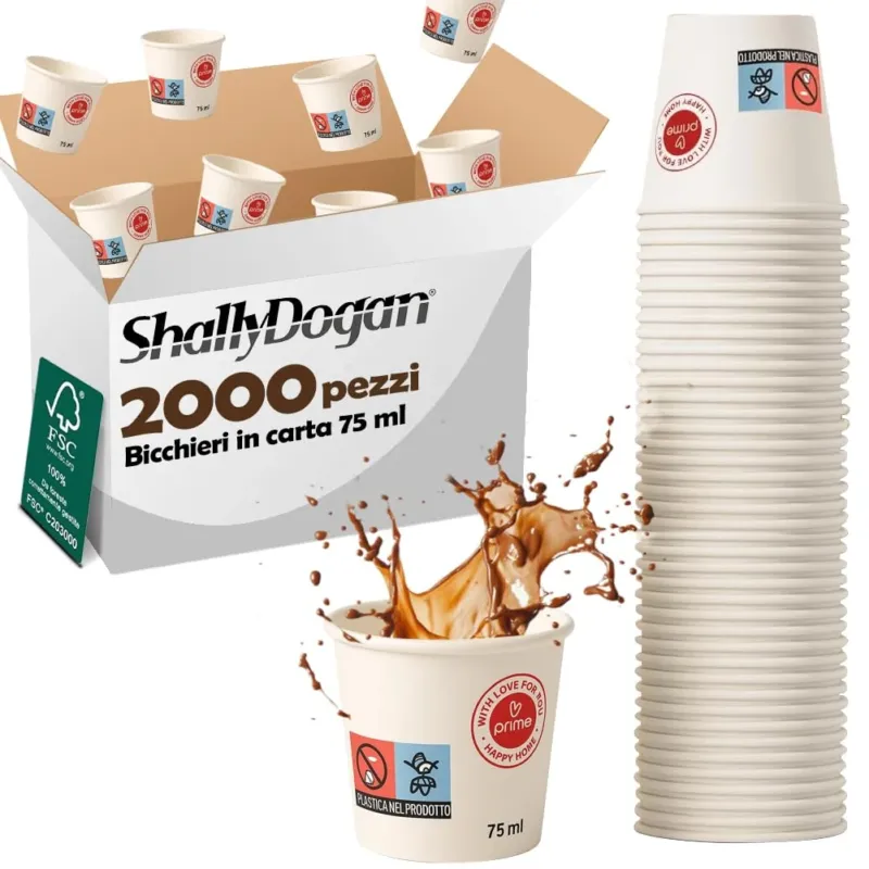 2000 Bicchierini da Caffè Monouso Capacità 75ml Tazzina in Carta Usa e Getta Offerta