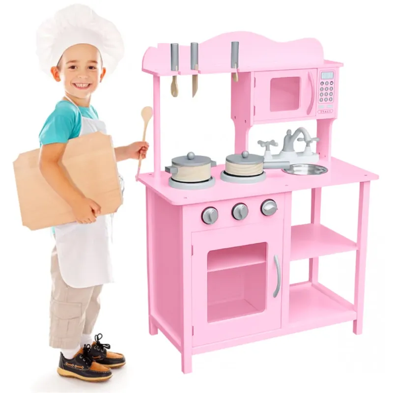 Cucina in legno Giocattolo Bambini con Pentole e Accessori Gioco Rosa 60x30x90cm Pagamento Sicuro