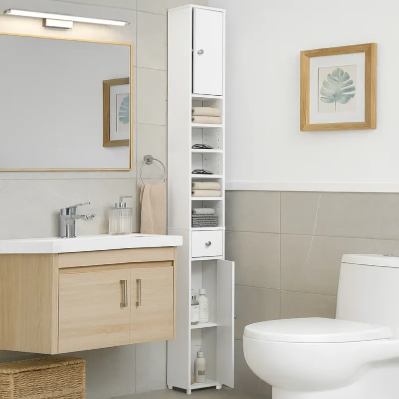 Armadio da Bagno Alto Mobiletto 2 Ante e 1 Cassetto Bianco Armadietto 20x180 cm Promo Stagionale
