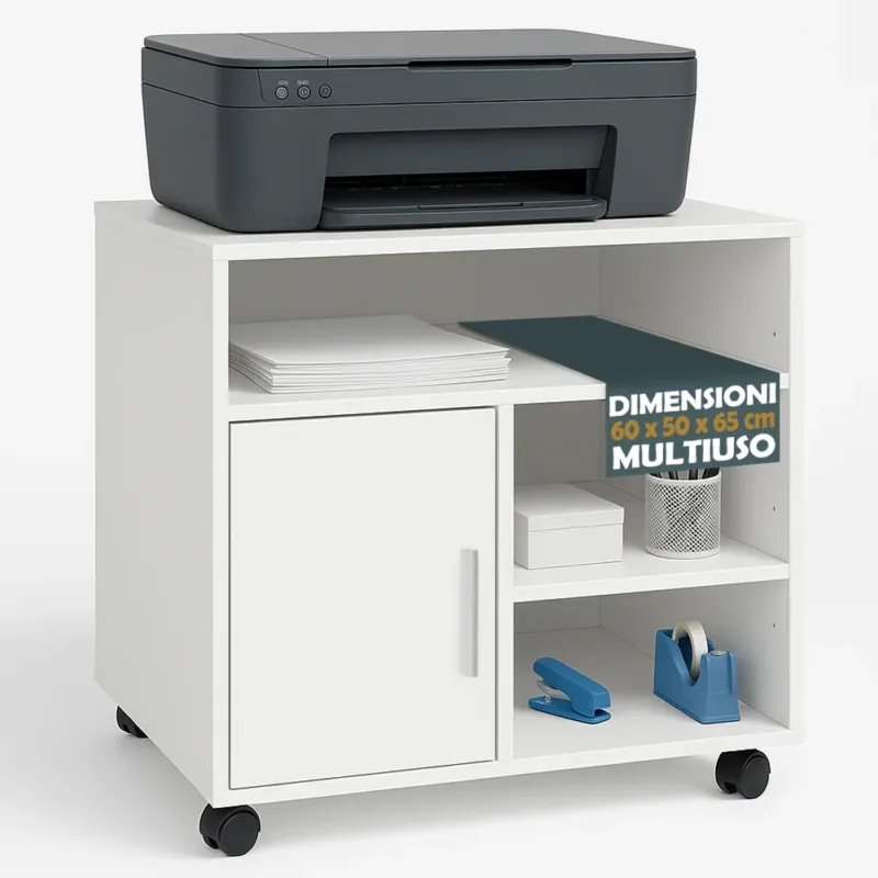 Mobile Porta Stampante con Anta e Ripiani Mobiletto Ufficio Multiuso 60x50x65cm Promozione Esclusiva