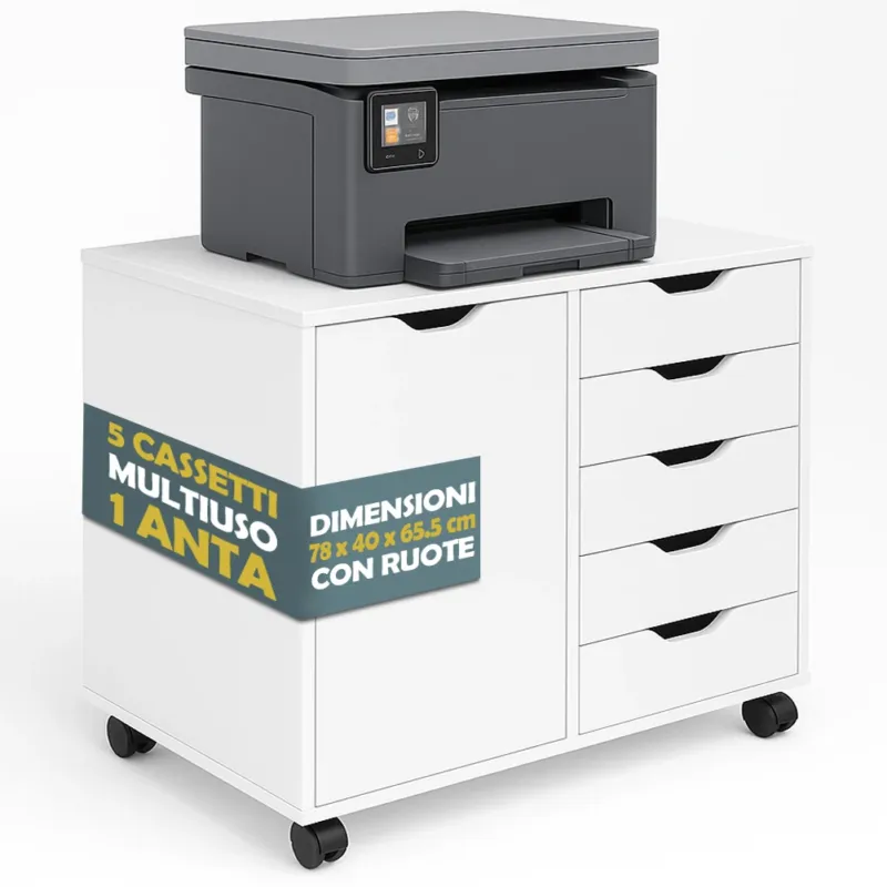 Schedario da Ufficio Porta Stampante Mobile Cassettiera 5 Cassetti 1 Anta Bianco Scelto Dai Clienti