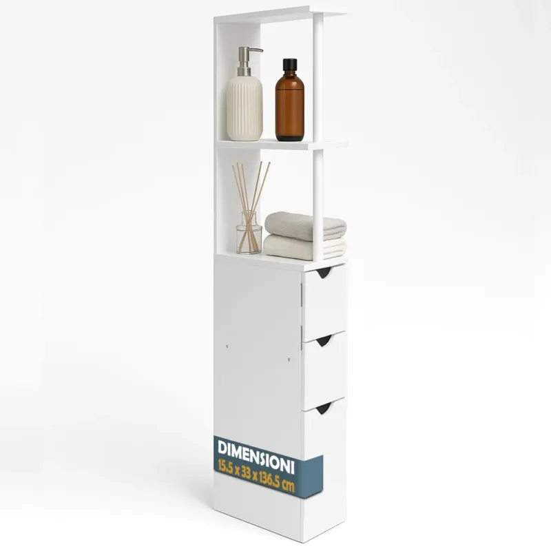 Spedito Oggi Mobile Bagno Alto Salvaspazio in Legno con 3 Cassetti e 2 Ripiani 33x15x136cm