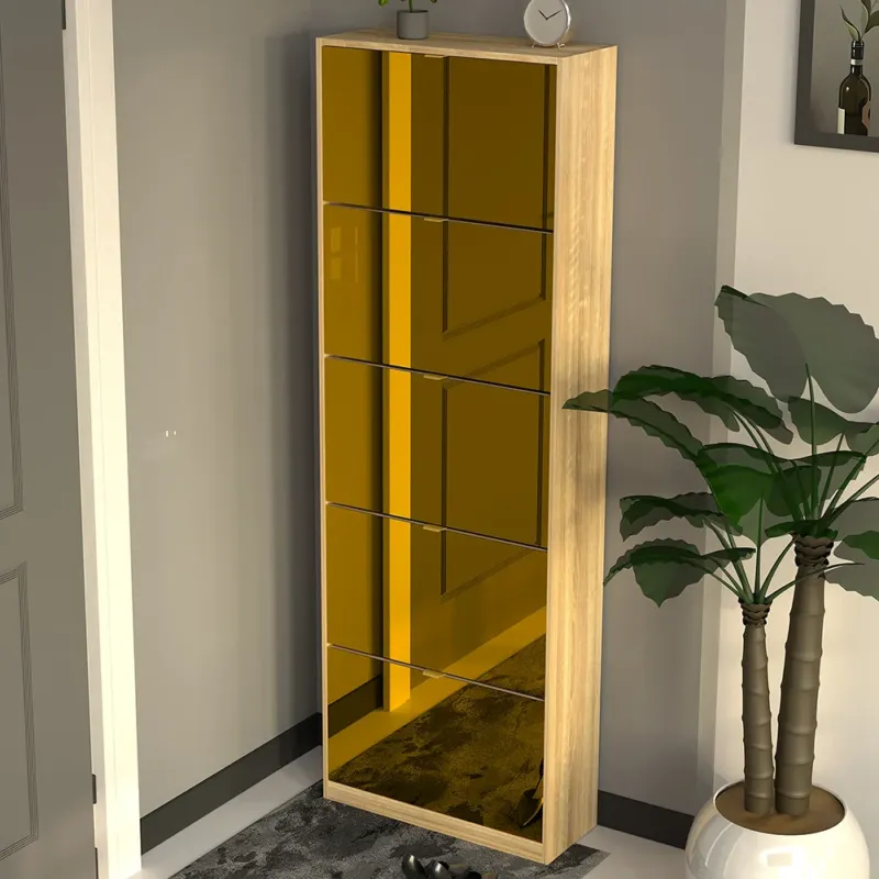 Bestseller Scarpiera 5 Ante a Specchio Marrone Slim con Maniglia Salvaspazio 59x22x169.5cm