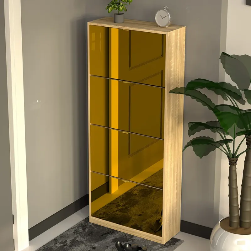 Scarpiera 4 Ante a Specchio Marrone Slim con Maniglia Salvaspazio 63x24x150cm Non Perdere