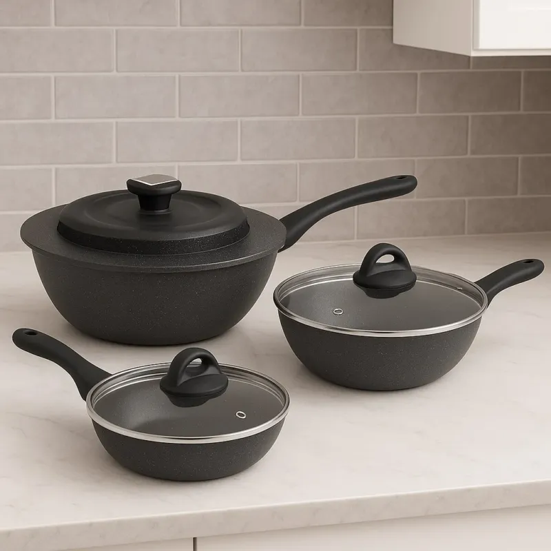 Set Padelle Alte 6pz Pietra con Coperchio Magico Antiodore Padelle 20 24 28 cm Induzione Ultimissimo Modello