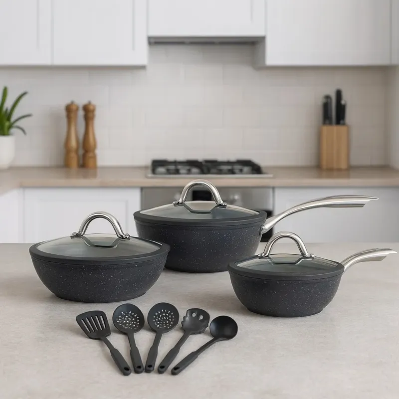 Set Padelle Induzione Pietra Antiaderenti 20/24/28 cm con Coperchi e 5mestoli Nero Offerta Del Giorno