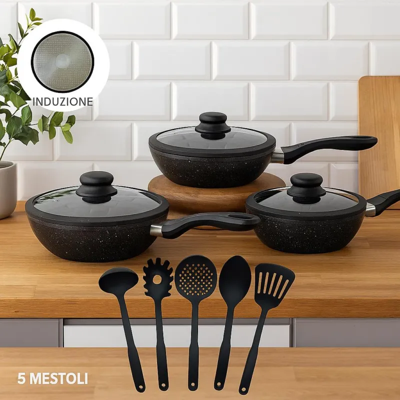 Set Padelle Induzione Pietra Antiaderenti 24/28/32 cm con Coperchi e 5mestoli Nero Offerta Del Giorno