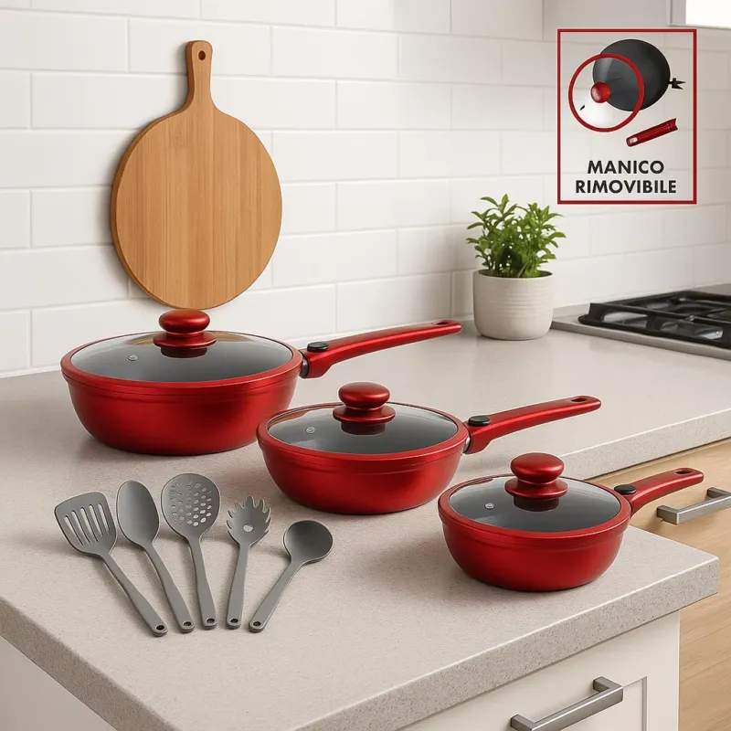 Offerta Lampo Set Padelle Induzione Pietra Antiaderenti 20 24 28 con Coperchi e Manici Removibili