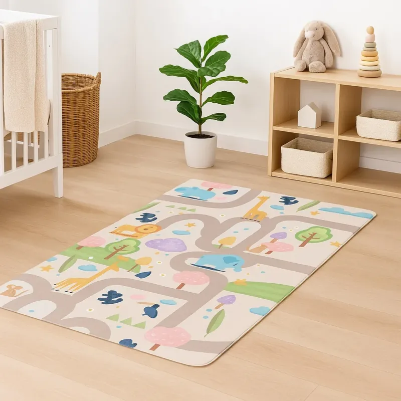 Professionale Tappeto Cameretta Bambini 80x140 Beige Morbido Mondo Animali in Polyestere e Spugna