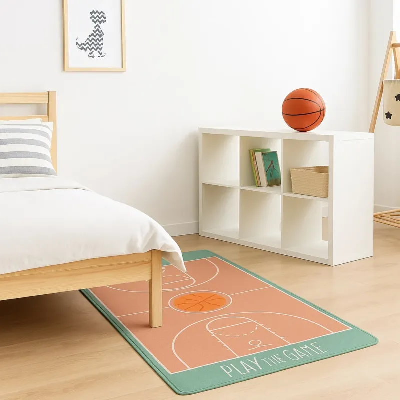 Tappeto Cameretta Bambino 80x140 Verde Morbido Campo da Basket in Polyestere e Spugna Ordina Subito
