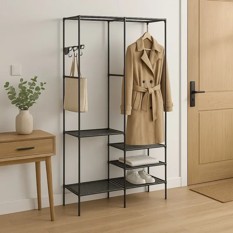 Prezzo Conveniente Armadio Salvaspazio Metallo e Tessuto 6 Ripiani Appendiabiti 108x36x170cm Nero