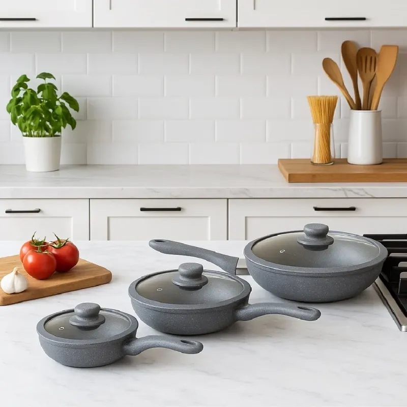 Set Padelle Induzione Pietra Antiaderenti 20/24/28 cm con Coperchi in Vetro Grigio Saldi