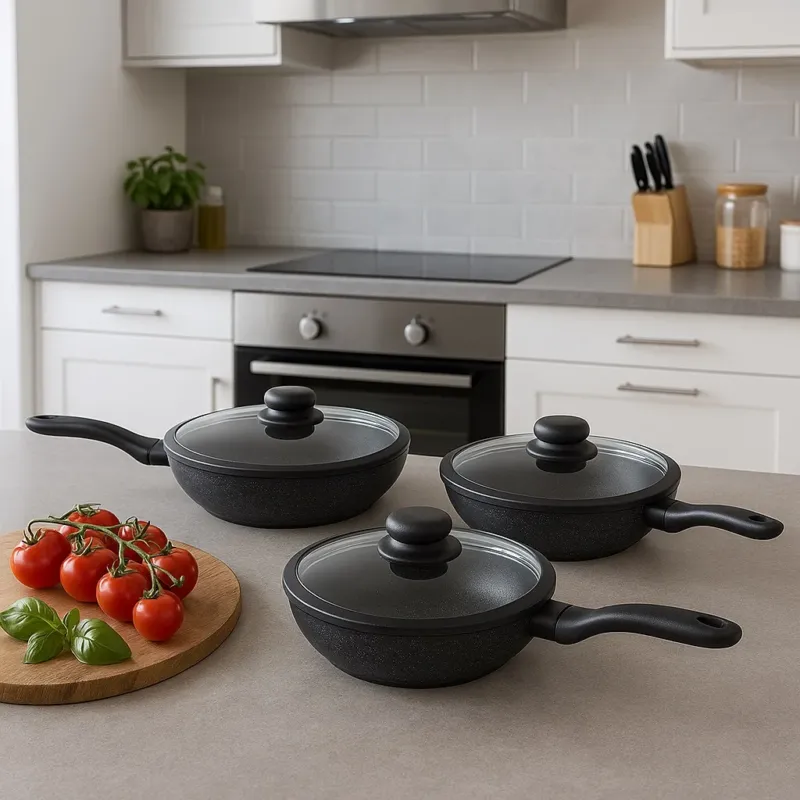 Set Padelle Induzione Pietra Antiaderenti 20/24/28 cm con Coperchi in Vetro Nero Subito Disponibile