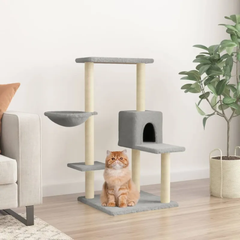 Vendita Finale Albero per Gatti con Tiragraffi in Sisal Legno e Peliche Grigio Chiaro Alto 95cm
